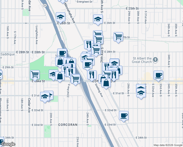 map of restaurants, bars, coffee shops, grocery stores, and more near 2500 East Lake Street in Minneapolis