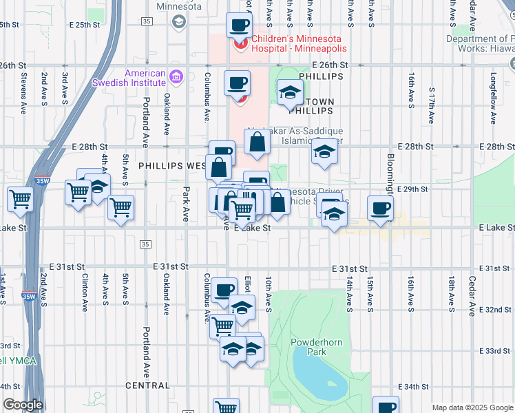 map of restaurants, bars, coffee shops, grocery stores, and more near 920 East Lake Street in Minneapolis
