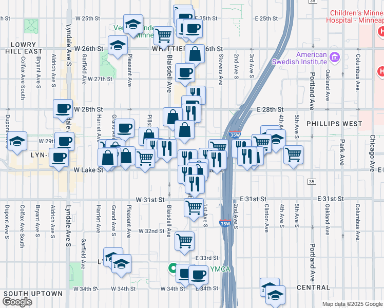 map of restaurants, bars, coffee shops, grocery stores, and more near 1 West Lake Street in Minneapolis