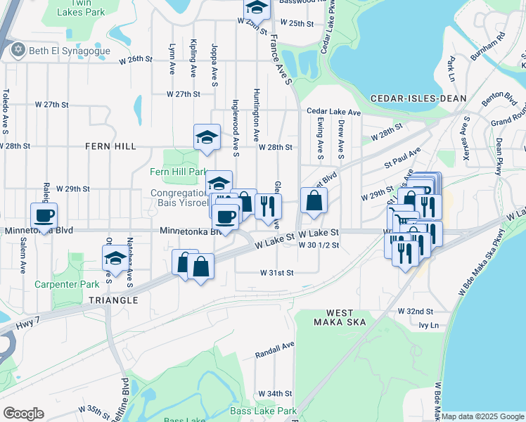 map of restaurants, bars, coffee shops, grocery stores, and more near 2924 Huntington Avenue in Minneapolis