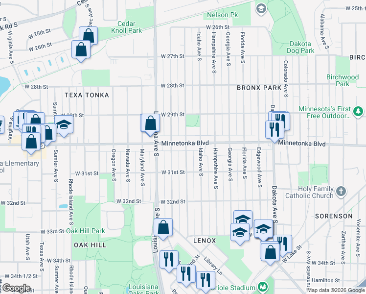 map of restaurants, bars, coffee shops, grocery stores, and more near 3017 Kentucky Avenue South in Minneapolis