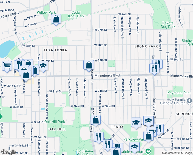map of restaurants, bars, coffee shops, grocery stores, and more near 3015 Louisiana Avenue South in Minneapolis
