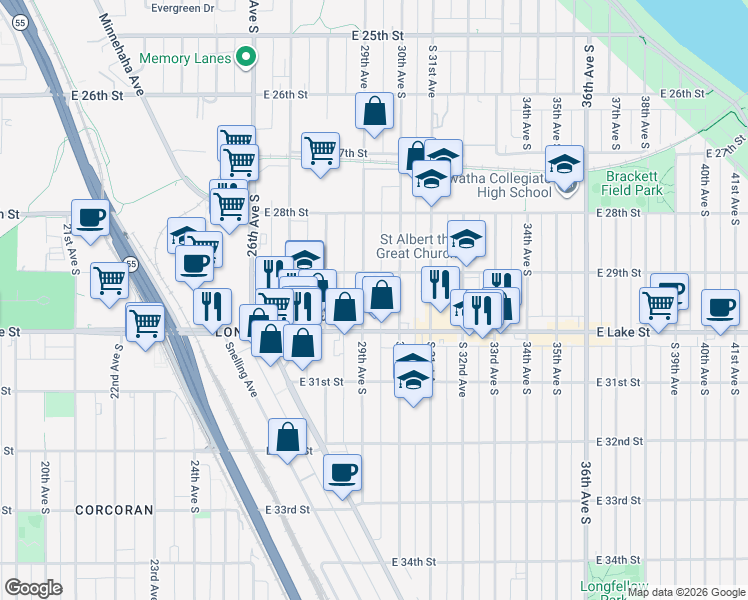 map of restaurants, bars, coffee shops, grocery stores, and more near 2921 29th Avenue South in Minneapolis