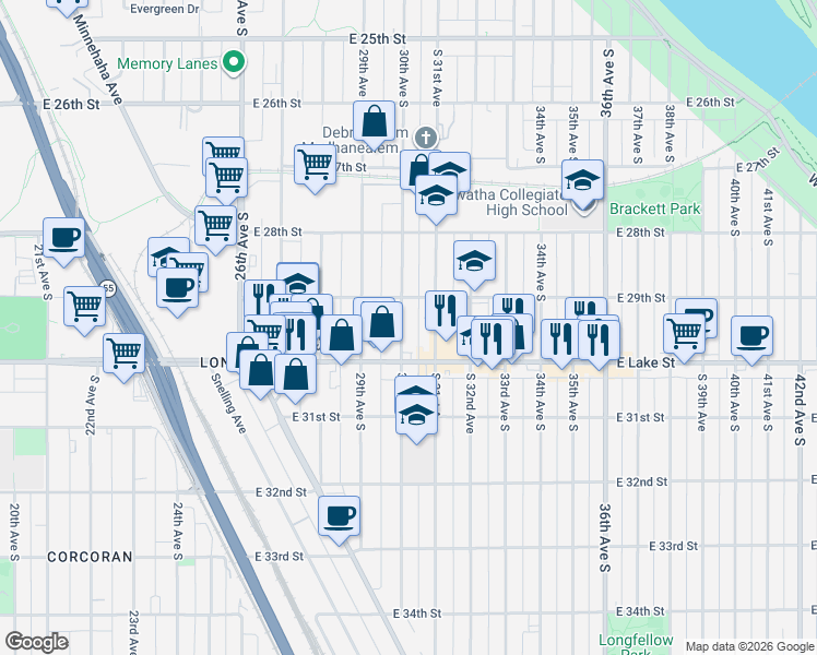 map of restaurants, bars, coffee shops, grocery stores, and more near 2921 30th Avenue South in Minneapolis