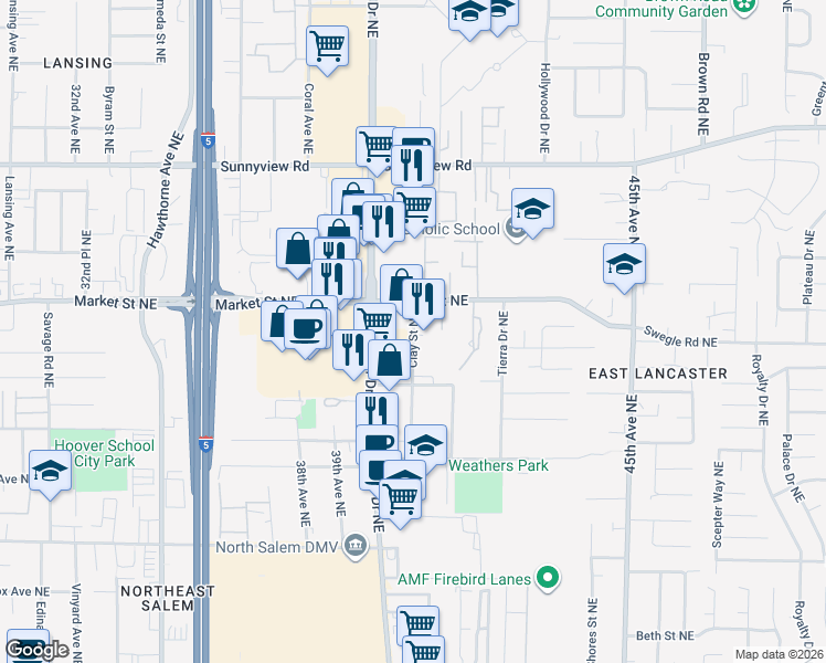 map of restaurants, bars, coffee shops, grocery stores, and more near 1624 Clay Street Northeast in Salem