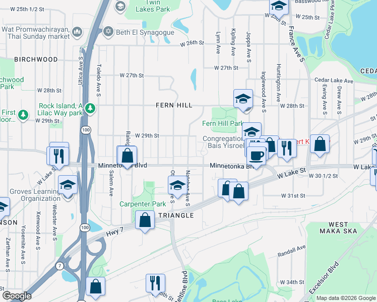 map of restaurants, bars, coffee shops, grocery stores, and more near 2937 Natchez Avenue South in Minneapolis