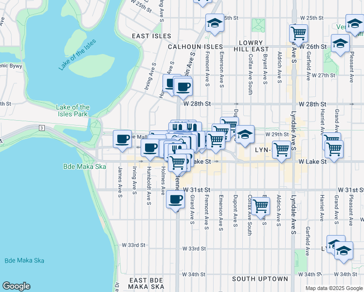 map of restaurants, bars, coffee shops, grocery stores, and more near 1430 Lagoon Avenue in Minneapolis