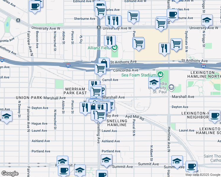 map of restaurants, bars, coffee shops, grocery stores, and more near Iglehart Ave & N Asbury St in St Paul