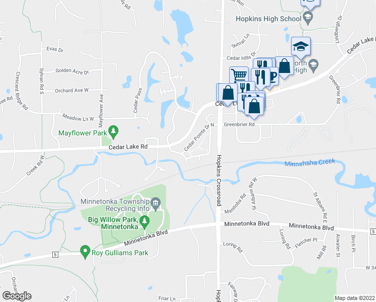 map of restaurants, bars, coffee shops, grocery stores, and more near 11229 Cedar Pointe Drive North in Minnetonka