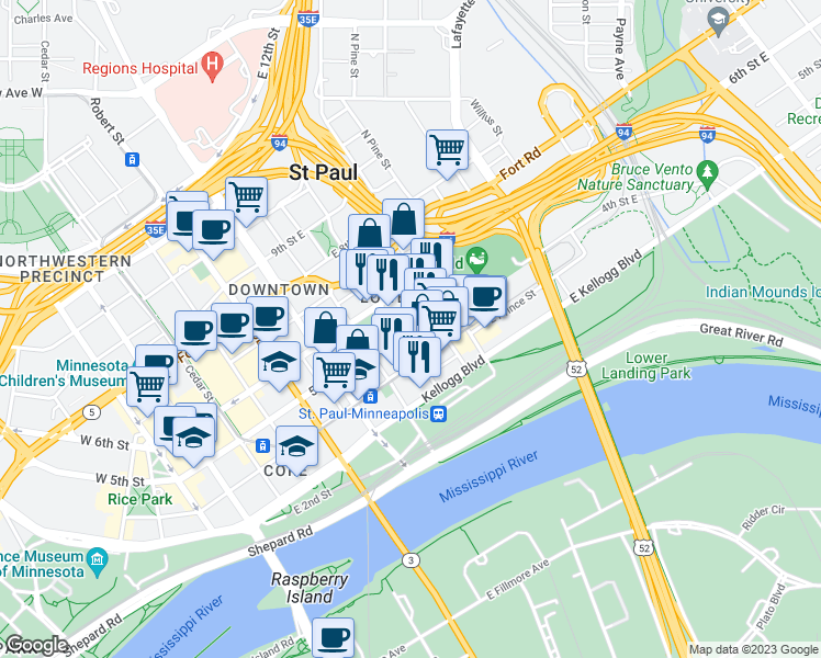 map of restaurants, bars, coffee shops, grocery stores, and more near 250 East 5th Street in Saint Paul