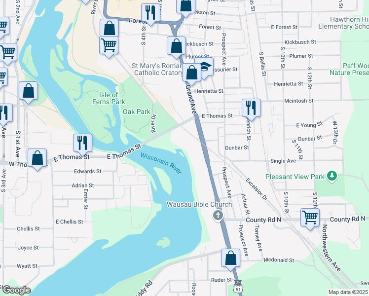 map of restaurants, bars, coffee shops, grocery stores, and more near 904 Grand Avenue in Wausau