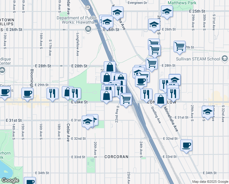 map of restaurants, bars, coffee shops, grocery stores, and more near 2921 21st Avenue South in Minneapolis