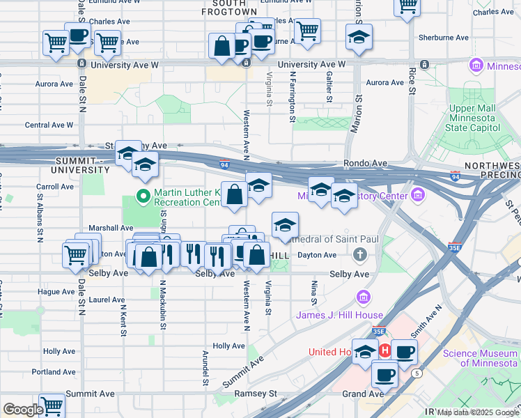 map of restaurants, bars, coffee shops, grocery stores, and more near 355 Marshall Avenue in Saint Paul