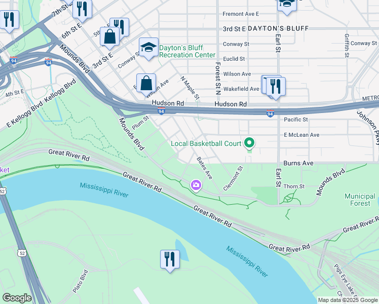 map of restaurants, bars, coffee shops, grocery stores, and more near 89 Bates Avenue in Saint Paul