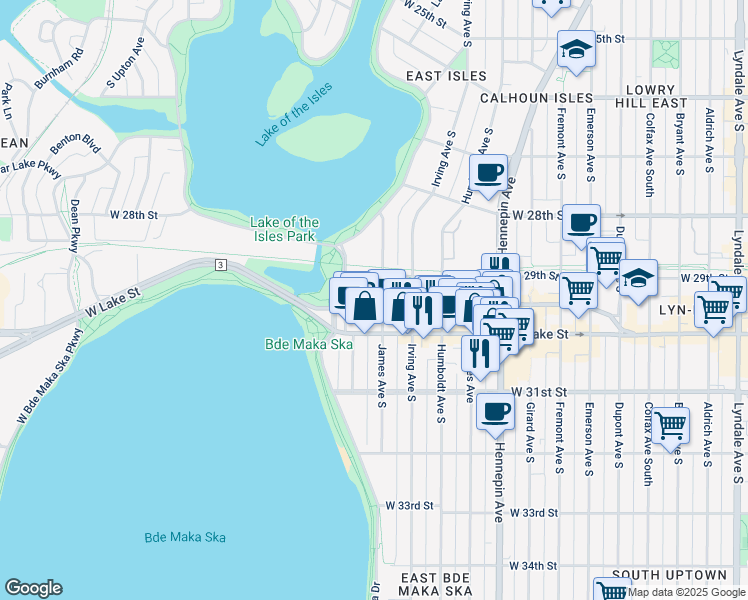 map of restaurants, bars, coffee shops, grocery stores, and more near 2896 James Avenue South in Minneapolis