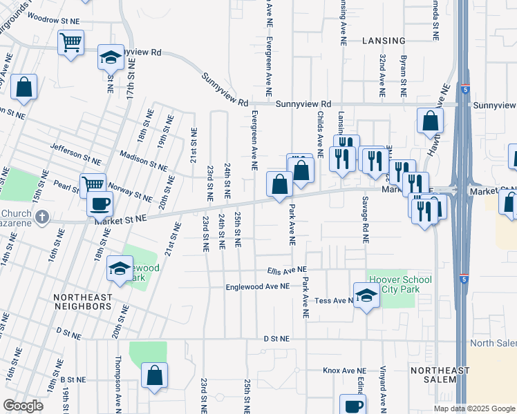 map of restaurants, bars, coffee shops, grocery stores, and more near 1554 Evergreen Avenue Northeast in Salem