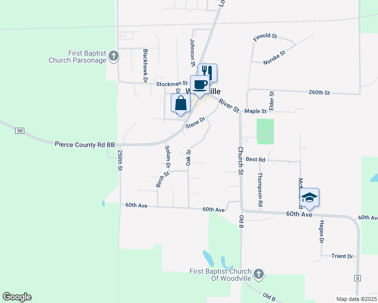 map of restaurants, bars, coffee shops, grocery stores, and more near 303 Spruce Drive in Woodville
