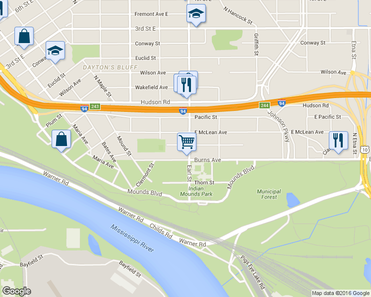 map of restaurants, bars, coffee shops, grocery stores, and more near 1063 Burns Avenue in Saint Paul