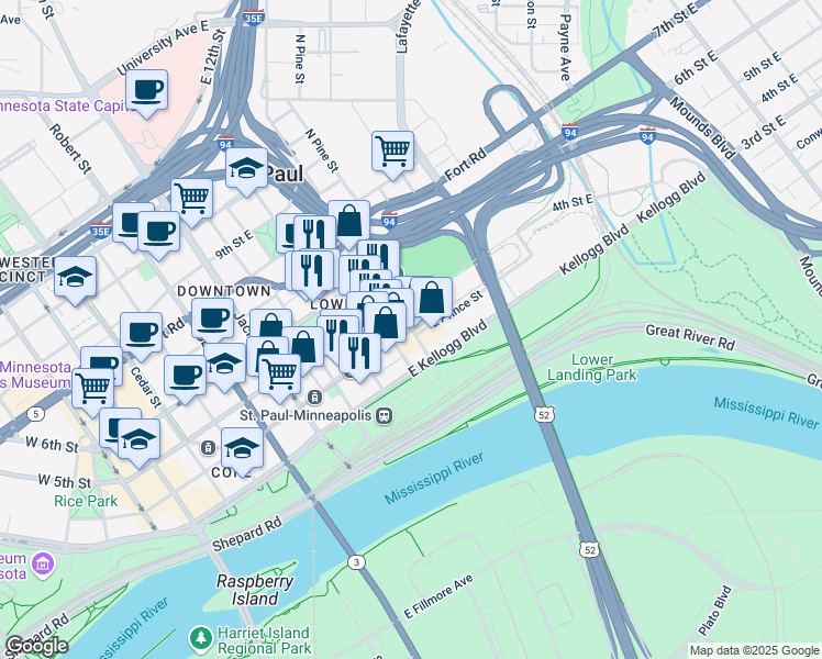 map of restaurants, bars, coffee shops, grocery stores, and more near 340 North Broadway Street in Saint Paul