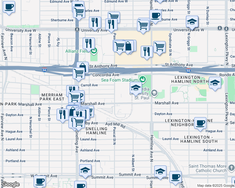 map of restaurants, bars, coffee shops, grocery stores, and more near 1462 Iglehart Avenue in Saint Paul