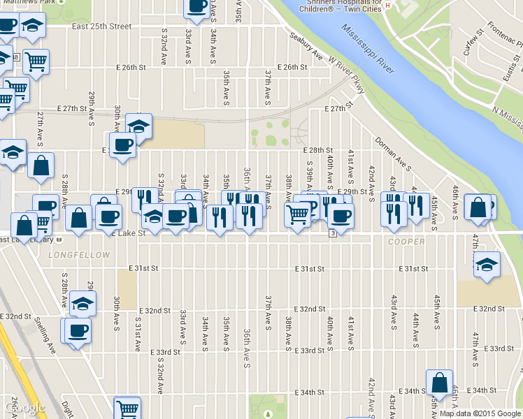 map of restaurants, bars, coffee shops, grocery stores, and more near 2937 37th Avenue South in Minneapolis
