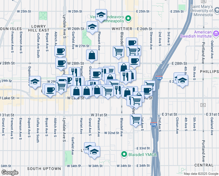 map of restaurants, bars, coffee shops, grocery stores, and more near in Minneapolis