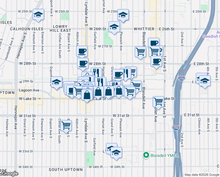 map of restaurants, bars, coffee shops, grocery stores, and more near 2943 Harriet Avenue in Minneapolis