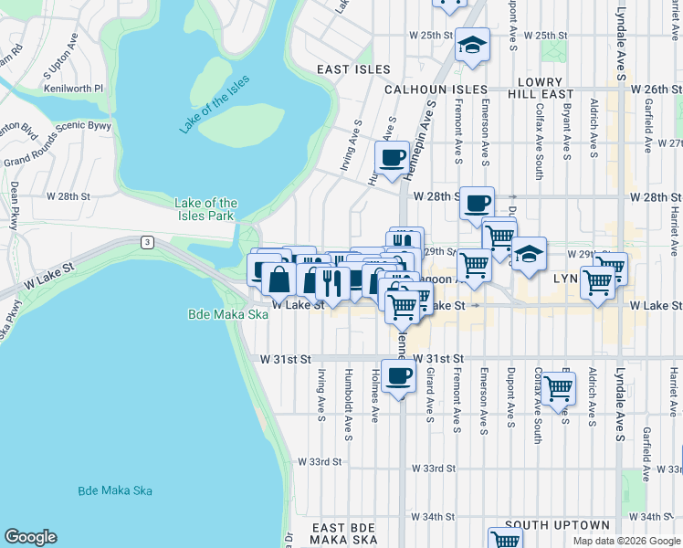 map of restaurants, bars, coffee shops, grocery stores, and more near 1511 Lagoon Avenue in Minneapolis