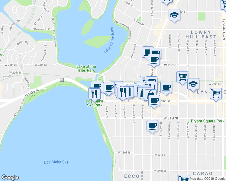 map of restaurants, bars, coffee shops, grocery stores, and more near in Minneapolis