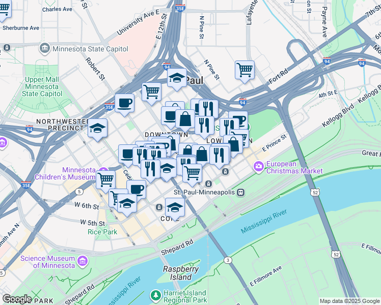 map of restaurants, bars, coffee shops, grocery stores, and more near 401 North Sibley Street in Saint Paul