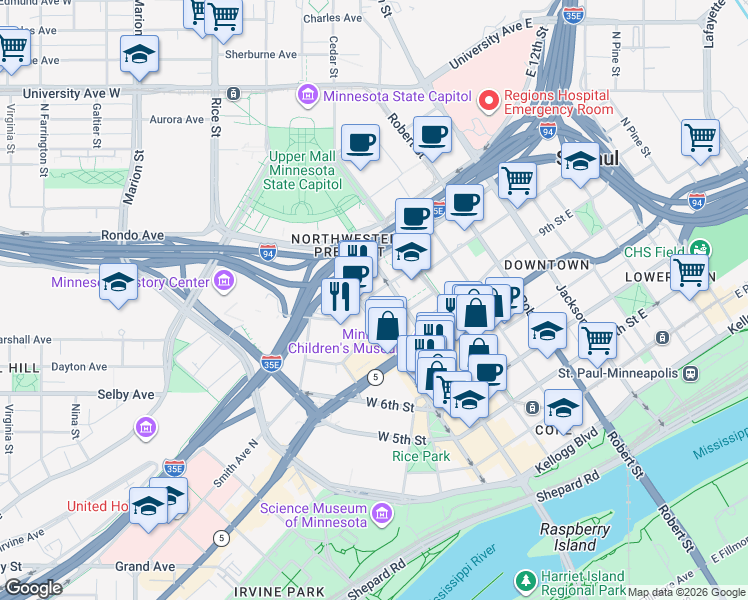 map of restaurants, bars, coffee shops, grocery stores, and more near 26 W 10th St in St Paul