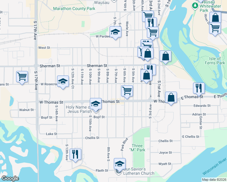 map of restaurants, bars, coffee shops, grocery stores, and more near 1034 South 7th Avenue in Wausau