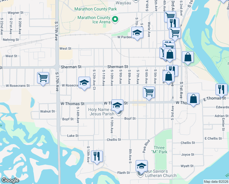 map of restaurants, bars, coffee shops, grocery stores, and more near 1025 South 10th Avenue in Wausau