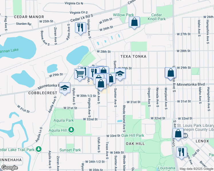 map of restaurants, bars, coffee shops, grocery stores, and more near Minnetonka Blvd & Texas Ave S in St Louis Park