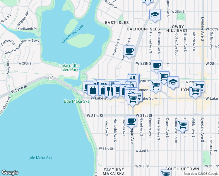map of restaurants, bars, coffee shops, grocery stores, and more near 1511 Lagoon Avenue in Minneapolis