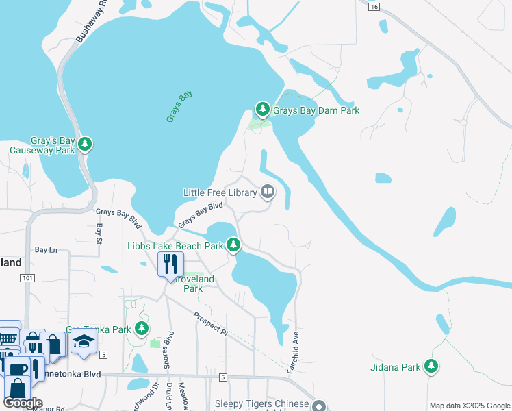 map of restaurants, bars, coffee shops, grocery stores, and more near 16671 Meadowbrook Lane in Wayzata