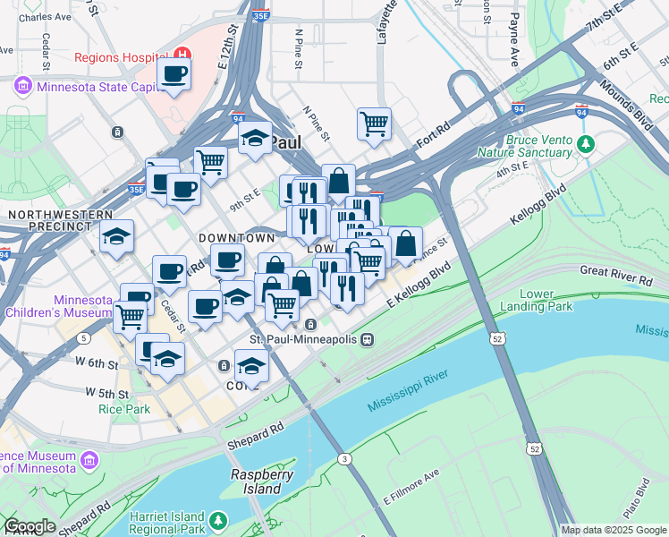 map of restaurants, bars, coffee shops, grocery stores, and more near 366 Wacouta Street in Saint Paul