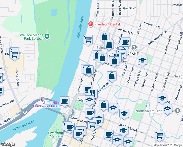 map of restaurants, bars, coffee shops, grocery stores, and more near 898 Commercial Street Northeast in Salem