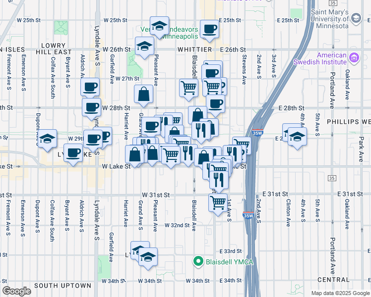 map of restaurants, bars, coffee shops, grocery stores, and more near 2930 Blaisdell Avenue in Minneapolis