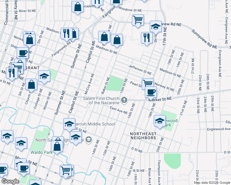 map of restaurants, bars, coffee shops, grocery stores, and more near 1420 Olive Street Northeast in Salem