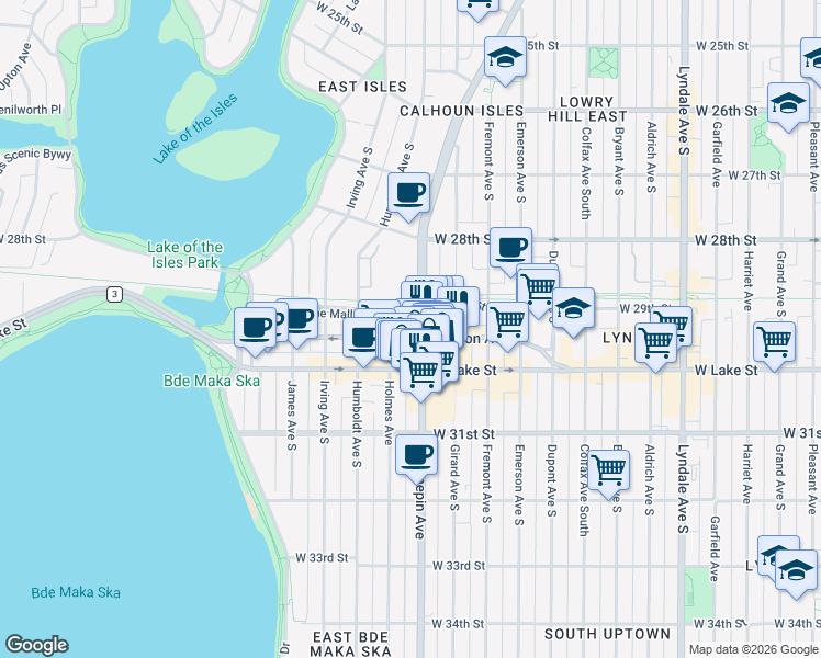 map of restaurants, bars, coffee shops, grocery stores, and more near 2880 Hennepin Avenue in Minneapolis