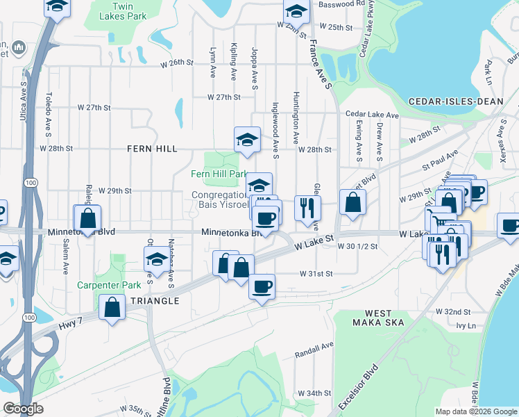 map of restaurants, bars, coffee shops, grocery stores, and more near 4221 Sunset Boulevard in Minneapolis