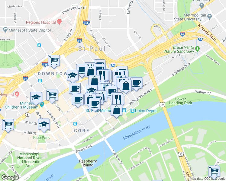map of restaurants, bars, coffee shops, grocery stores, and more near 366 Wacouta Street in Saint Paul