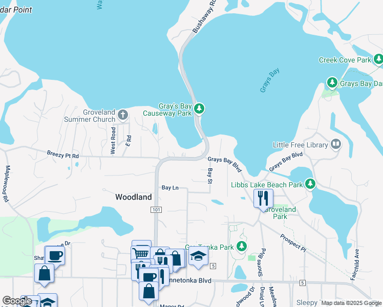 map of restaurants, bars, coffee shops, grocery stores, and more near 17325 Breezy Point Road in Wayzata