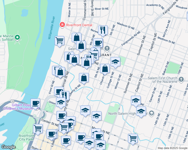 map of restaurants, bars, coffee shops, grocery stores, and more near 995 5th Street Northeast in Salem