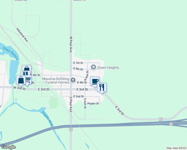 map of restaurants, bars, coffee shops, grocery stores, and more near 714 East 4th Street in Owen