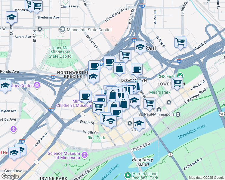 map of restaurants, bars, coffee shops, grocery stores, and more near 455 Minnesota Street in Saint Paul