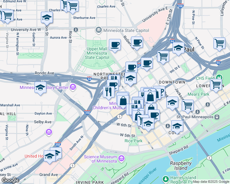 map of restaurants, bars, coffee shops, grocery stores, and more near 17 West Exchange Street in Saint Paul