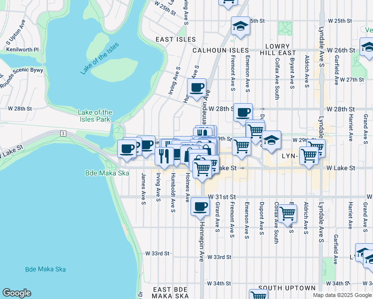 map of restaurants, bars, coffee shops, grocery stores, and more near 2878 Holmes Avenue in Minneapolis