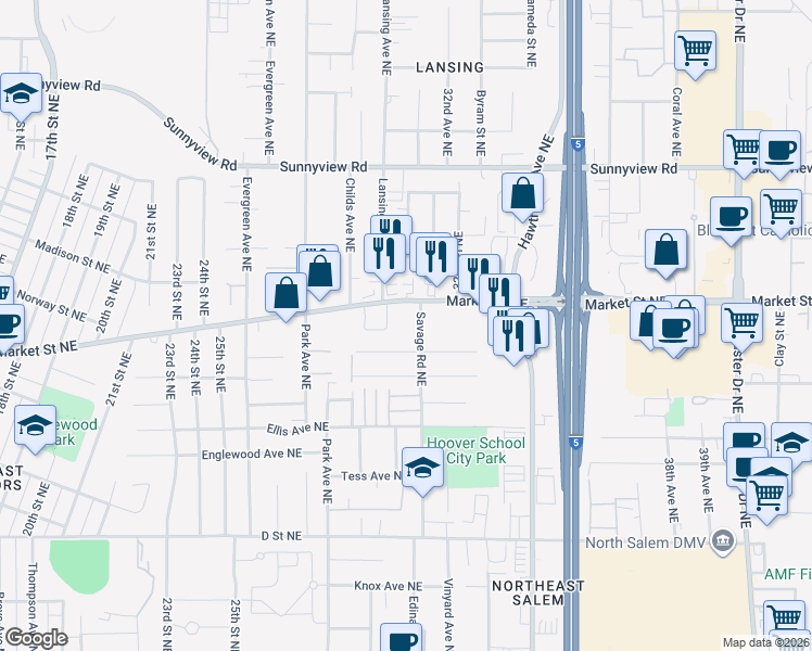map of restaurants, bars, coffee shops, grocery stores, and more near 1681 Savage Road Northeast in Salem